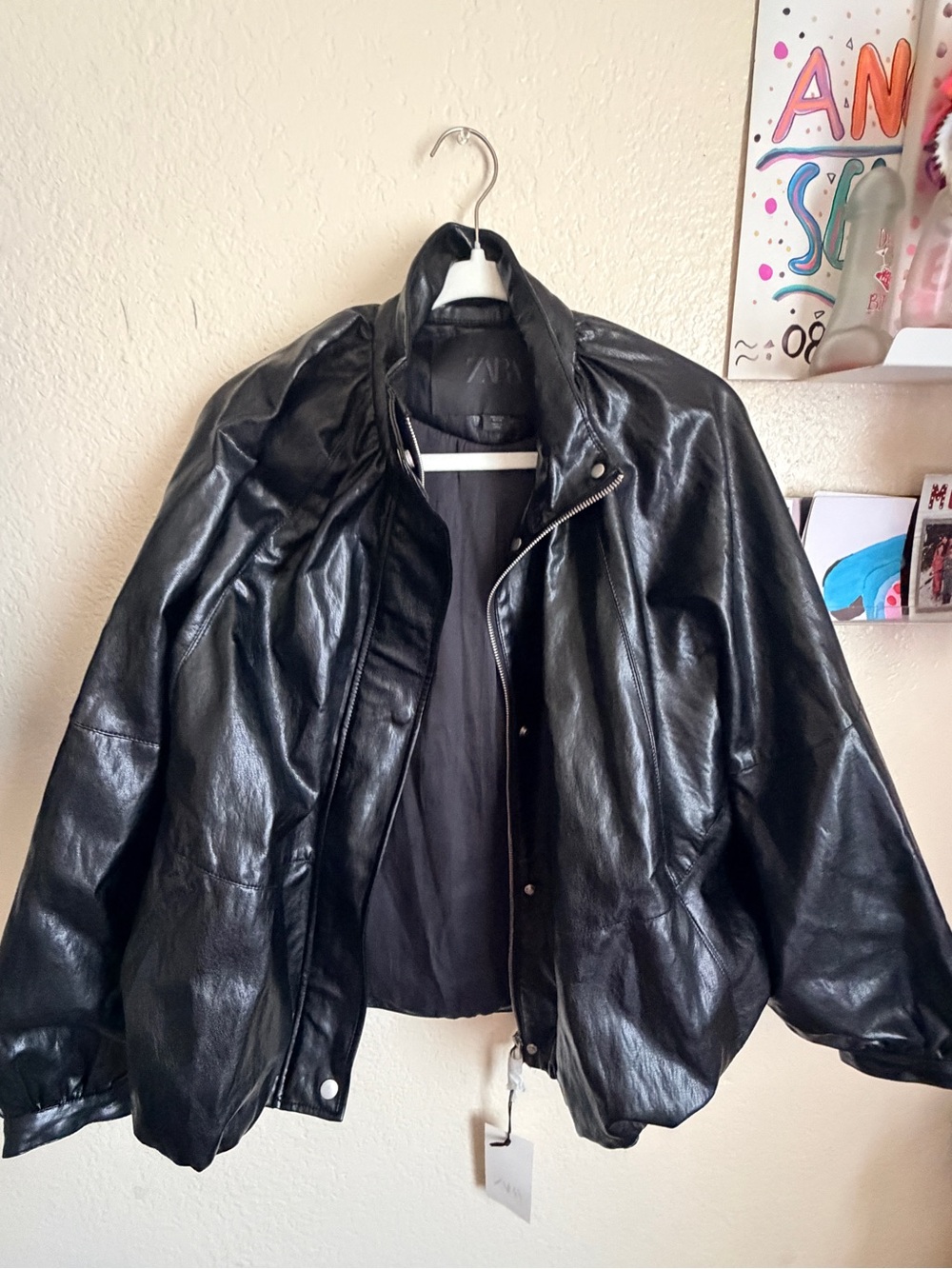 Zara Black Faux Leather Bomber Jacket
